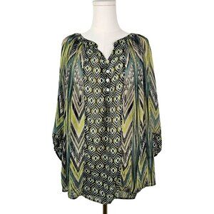 Figueroa & Flower 3X Sheer Green Boho Tunic Blouse 3/4 Sleeve Peacock Print